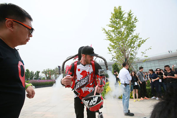 Daredevil with a jetpack blasts off in Beijing