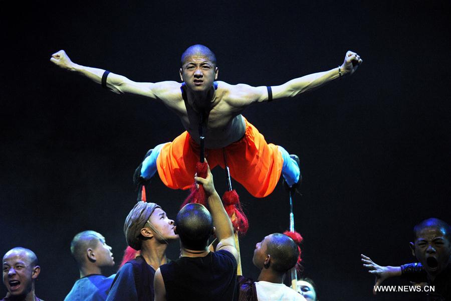 Shaolin monks perform during media preview in Singapore