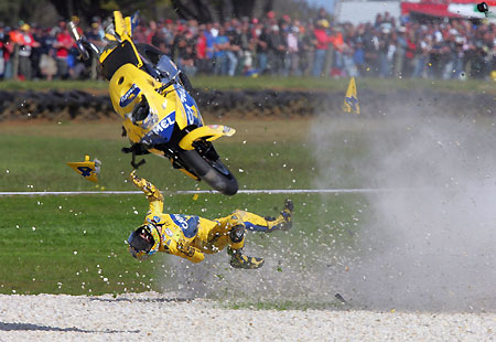 MotoGP rider Alex Barros of Brazil crashes his Yamaha at high speed during the Australian Motorcycle Grand Prix at Phillip Island race track near Melbourne October 16, 2005.