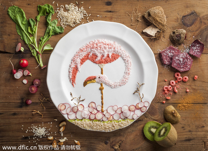 Bird illustrations made out of food