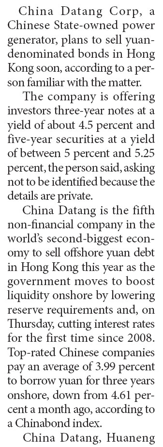 China Datang plans to market yuan bonds in HK