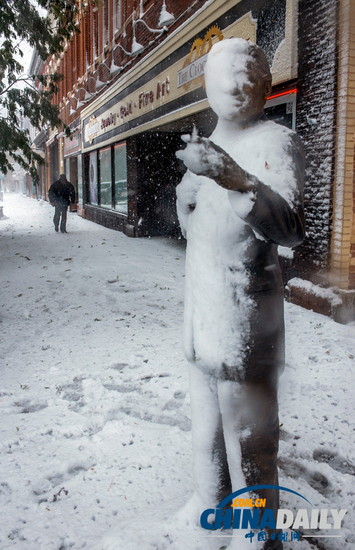 美中西部遭遇罕見暴風(fēng)雪 積雪近尺林肯像被覆