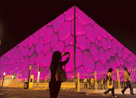 Water Cube turns pink to raise breast cancer awareness