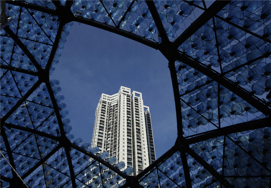 Giant lantern made of 7,000 plastic bottles