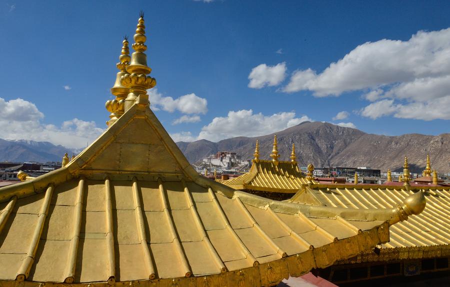 Magnificent golden top of Jokhang Temple maintained in Lhasa