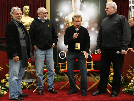  Oscar show pre-telecast host Regis Philbin (2nd,R) is joined by Academy of Motion Picture Arts and Sciences president Sid Ganis (L), telecast producer Gil Cates and telecast director Louis Orvitz during a news conference in preparation for the 80th annual Academy Awards in Hollywood February 22, 2008. The Oscars will be presented February 24, 2008.