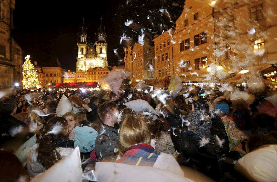 Feathers fly with pillow fight in Prague